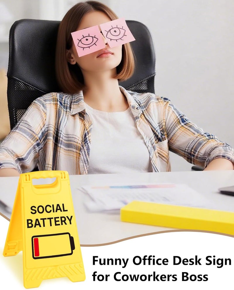 EXUBERIUM No Social Battery Funny Desk Sign Yellow Warning Style Acrylic Table Decor Gift for Coworkers Friends Home Office Workspace Tabletop Cubicle Phone Holder Mirror Stand - Image 5